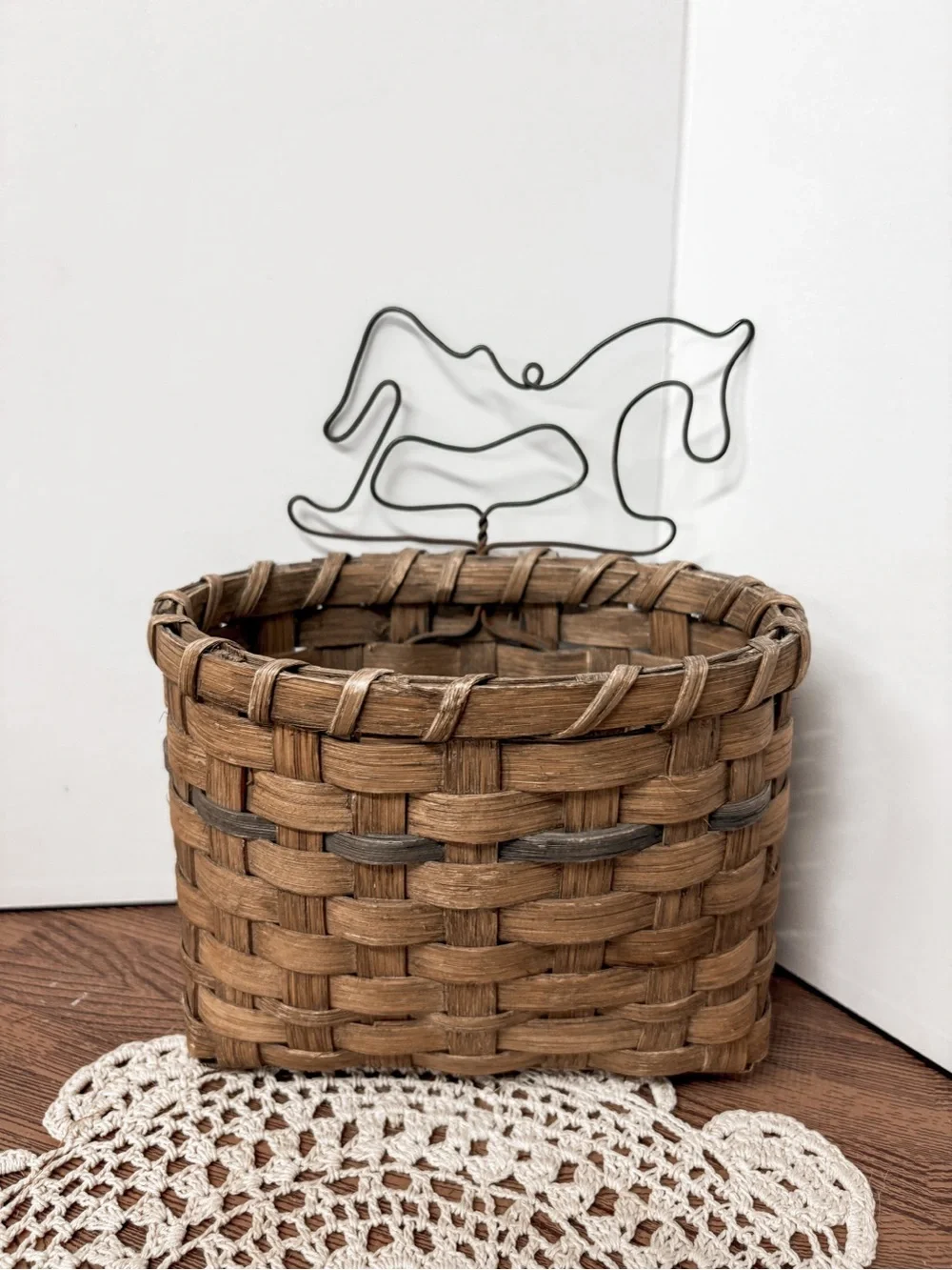 Vintage Brown Woven Basket with Black Wire Horse Accent